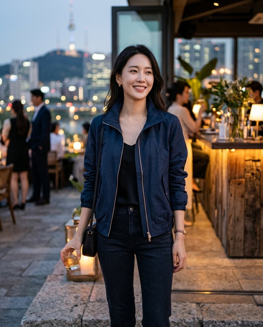 도시의 루프탑에서 네이비 점퍼와 니트 드레스를 입은 여성의 세련된 모습