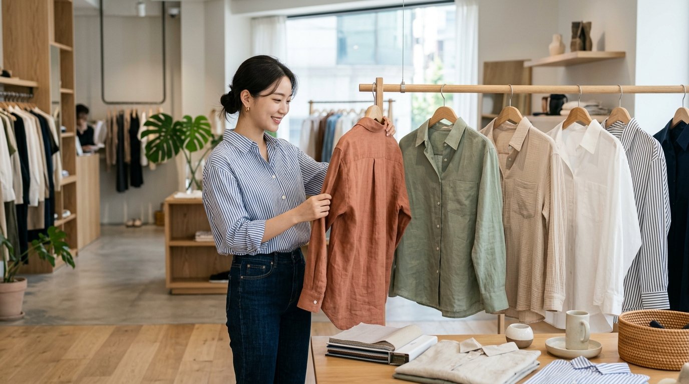 여성 모델들이 다양한 스타일의 캐주얼셔츠를 입고 야외에서 포즈를 취하고 있다