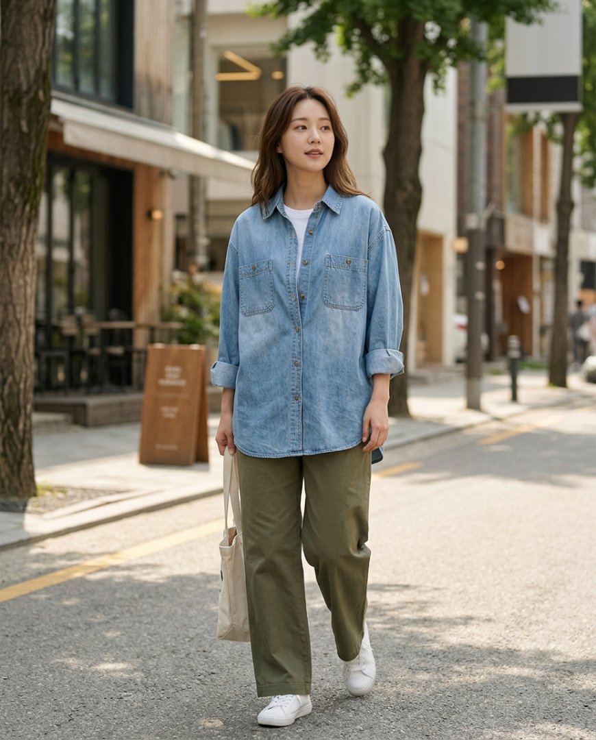 네이비 캐주얼셔츠와 슬랙스를 입은 여성이 도심을 걷고 있다