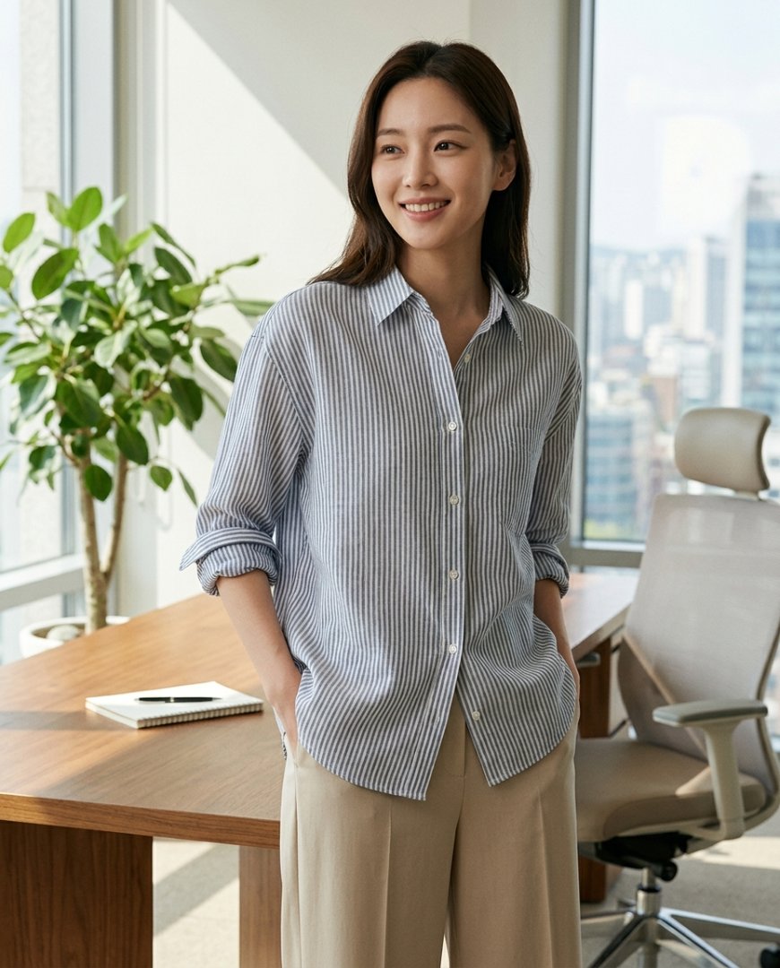 네이비 셔츠를 입고 사무실에서 업무를 보는 여성