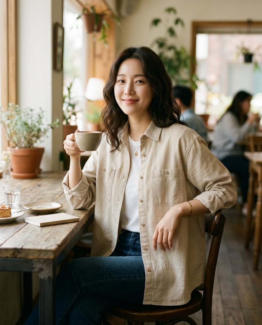 아이보리 셔츠와 데님을 입고 카페에 앉아 있는 여성