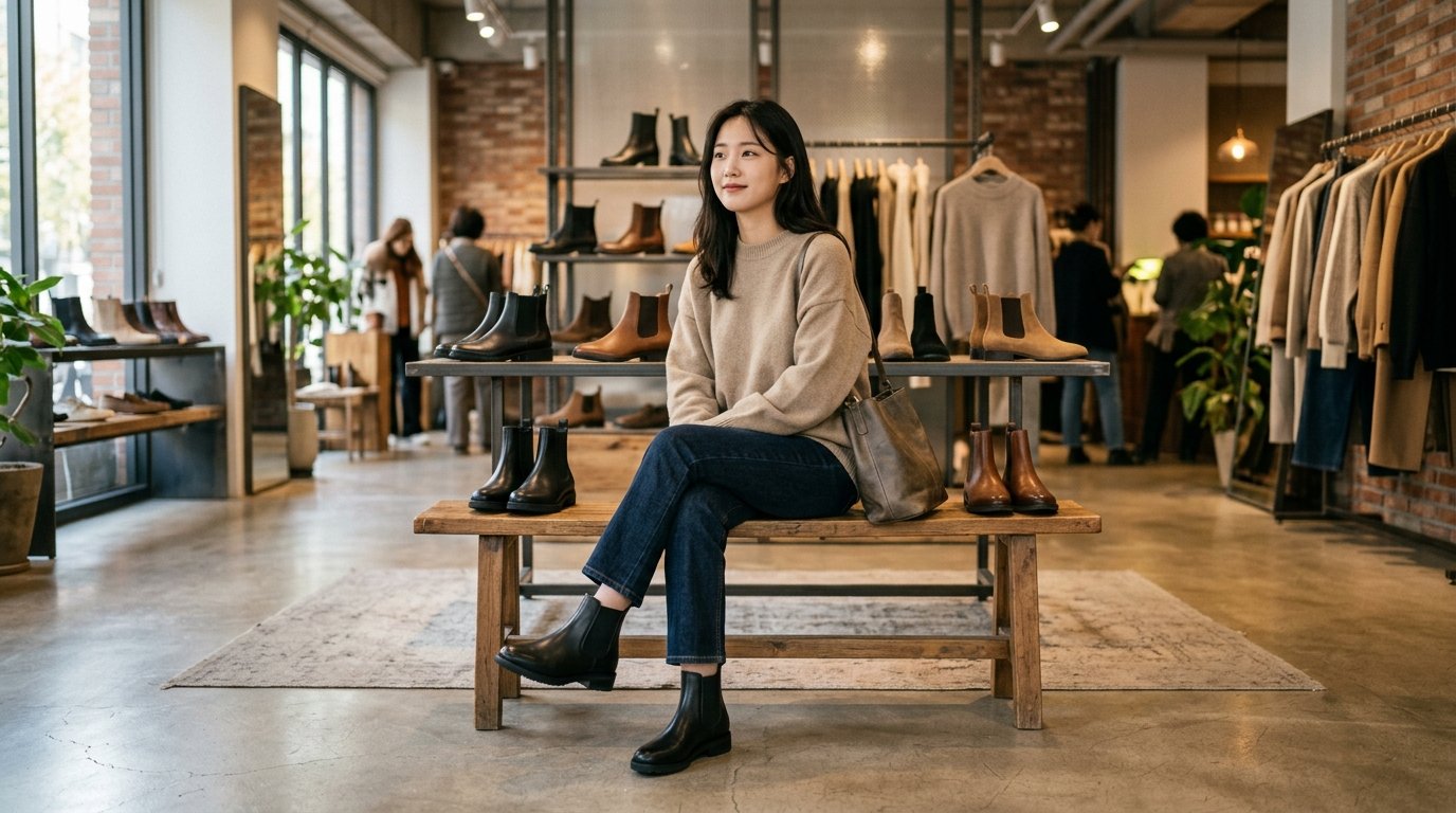 다양한 첼시부츠가 놓인 길 위의 장면