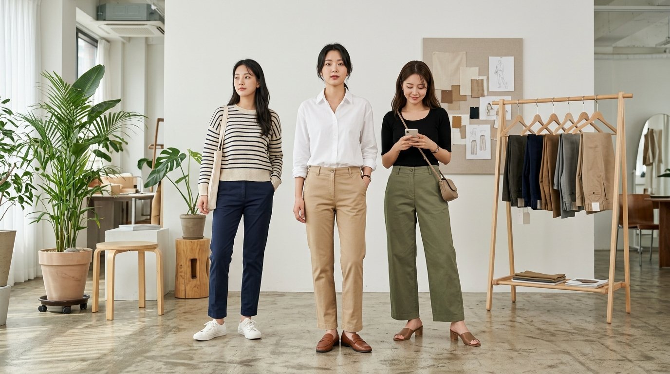 여성 패션 매장에서 다양한 치노팬츠가 진열된 모습