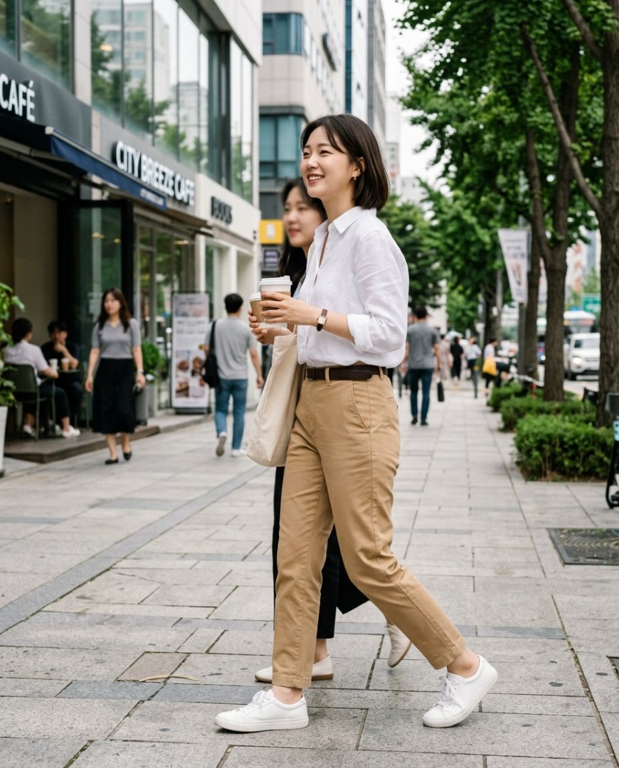 도시의 거리에서 캐주얼한 차림으로 걷는 여성