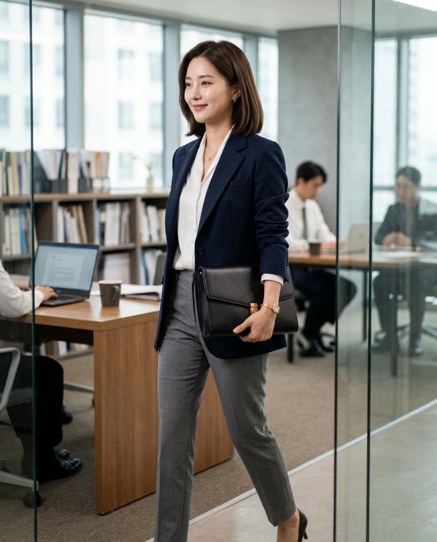 사무실에서 슬랙스와 셔츠를 입고 클러치를 든 직장인.