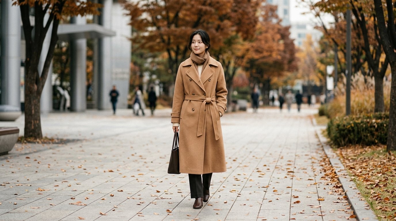 다양한 스타일의 여성 코트가 긴 행거에 걸려 있는 장면