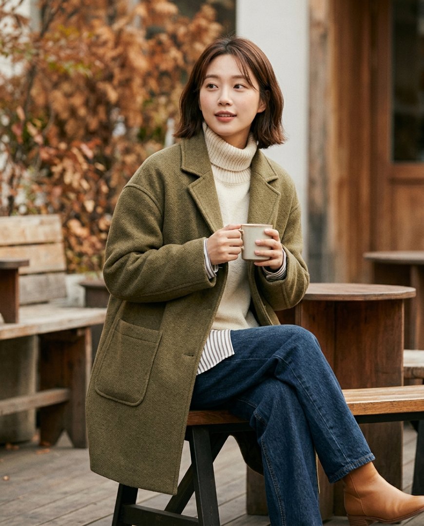 편안한 캐주얼 팬츠와 스니커즈를 매치한 중간 기장 코트 착용 모습