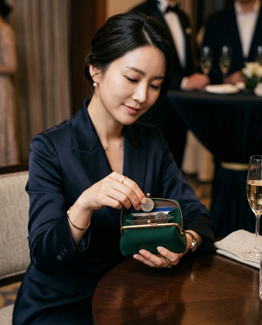 파우치 옆에 레드 동전지갑 놓임