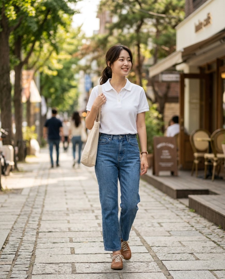 도시 야외에서 착용한 캐주얼 카라티와 데님 스타일