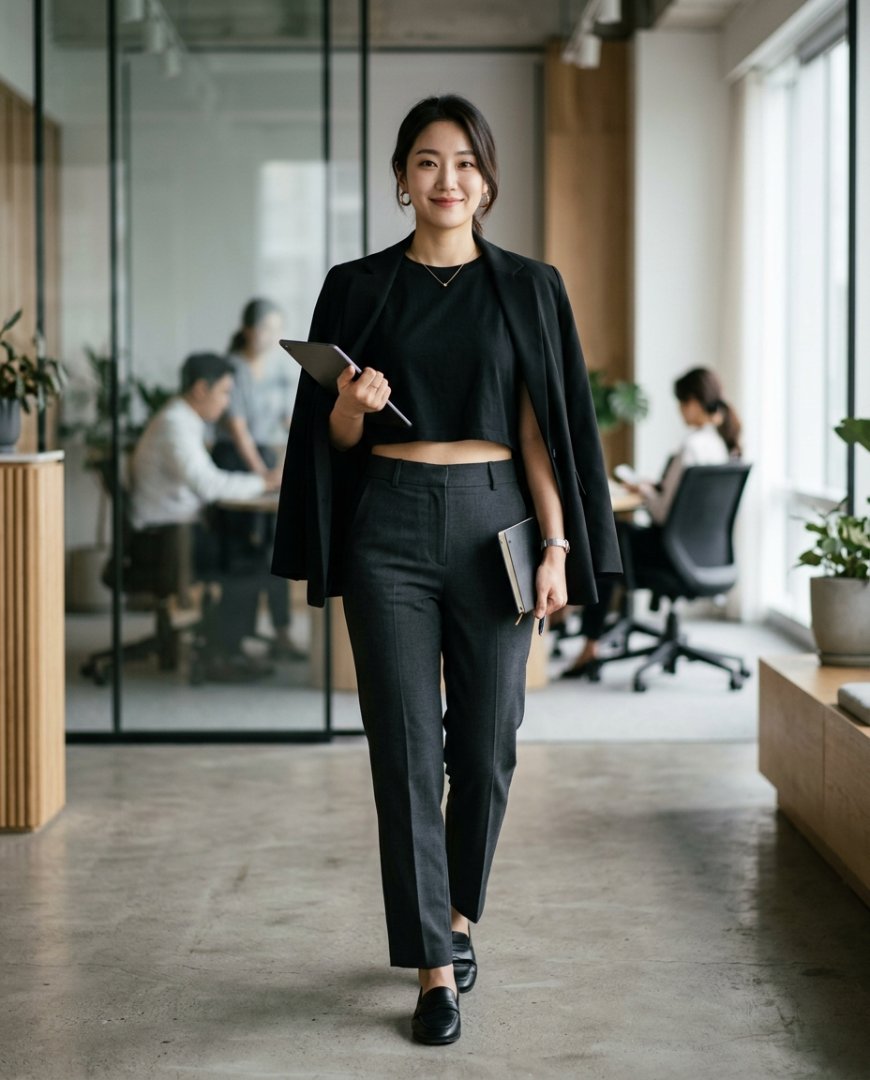 여성이 모던한 액세서리와 크롭티를 매치한 모습