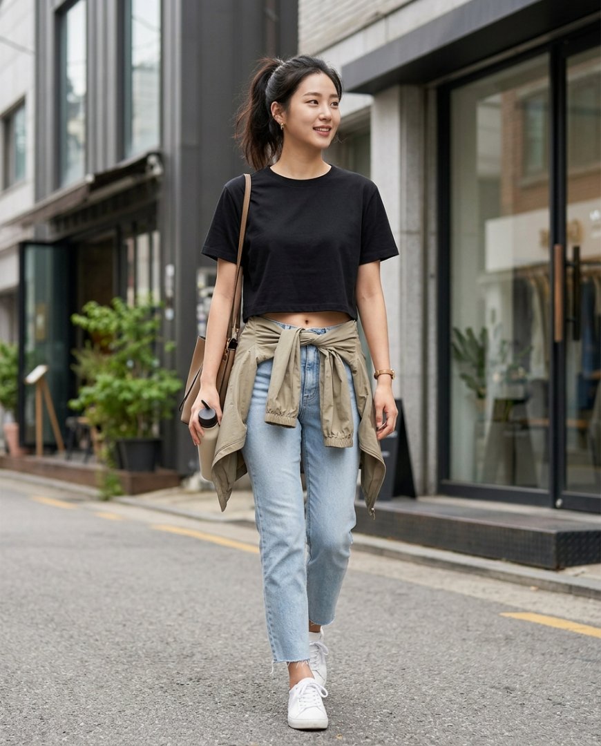 여성이 스포티한 크롭티와 레깅스를 입고 도시를 걷는 모습