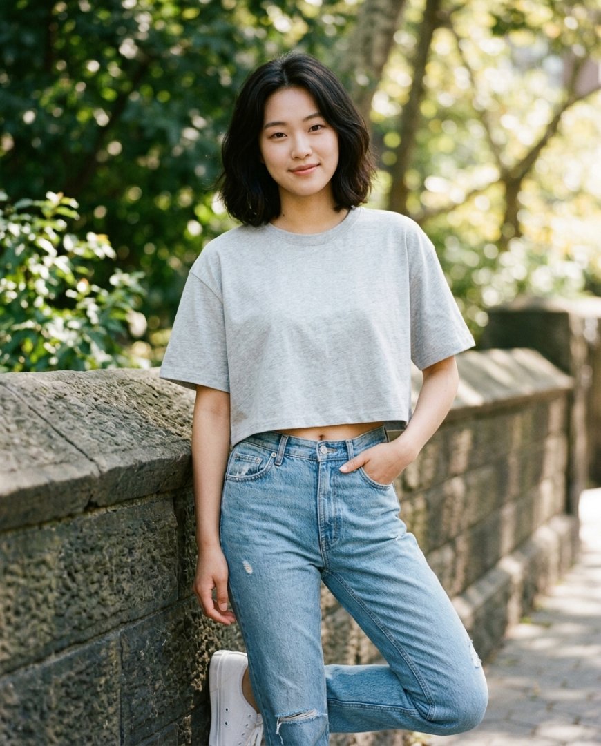 여성이 편안한 크롭티를 입고 집에서 여유를 만끽하는 모습