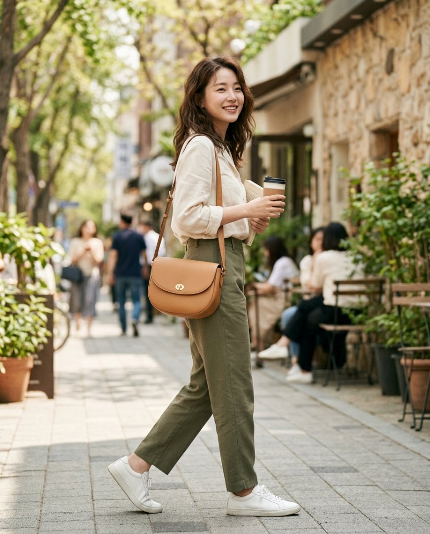 데님 재킷을 입고 나일론 크로스백을 멘 여성