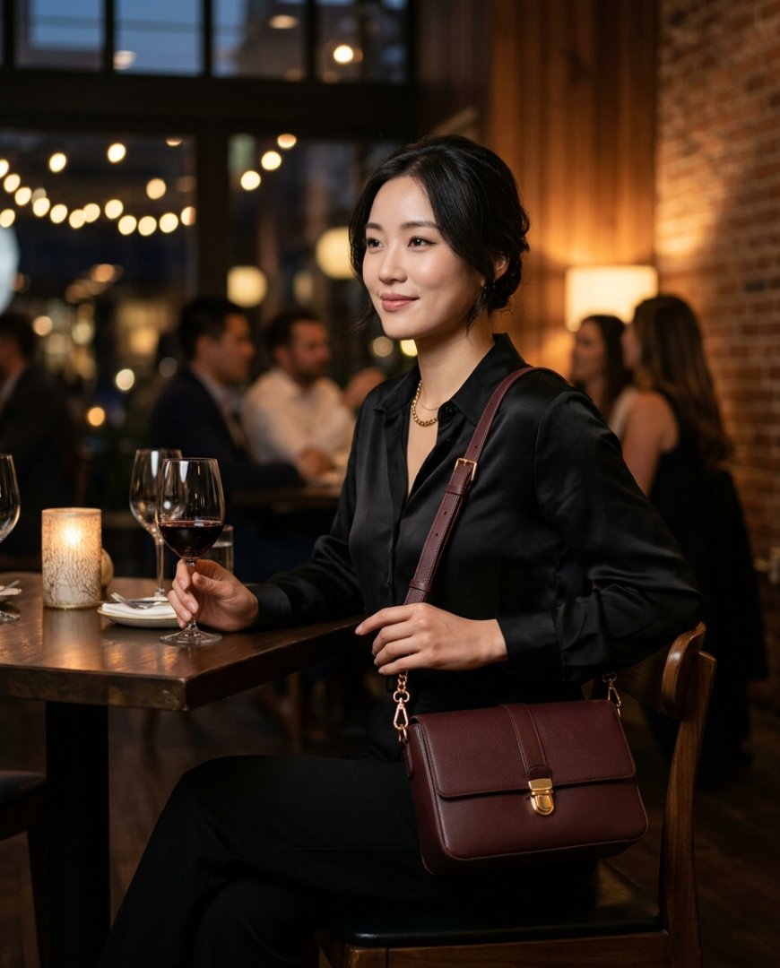 우아한 블랙 미니 드레스와 소가죽 크로스백