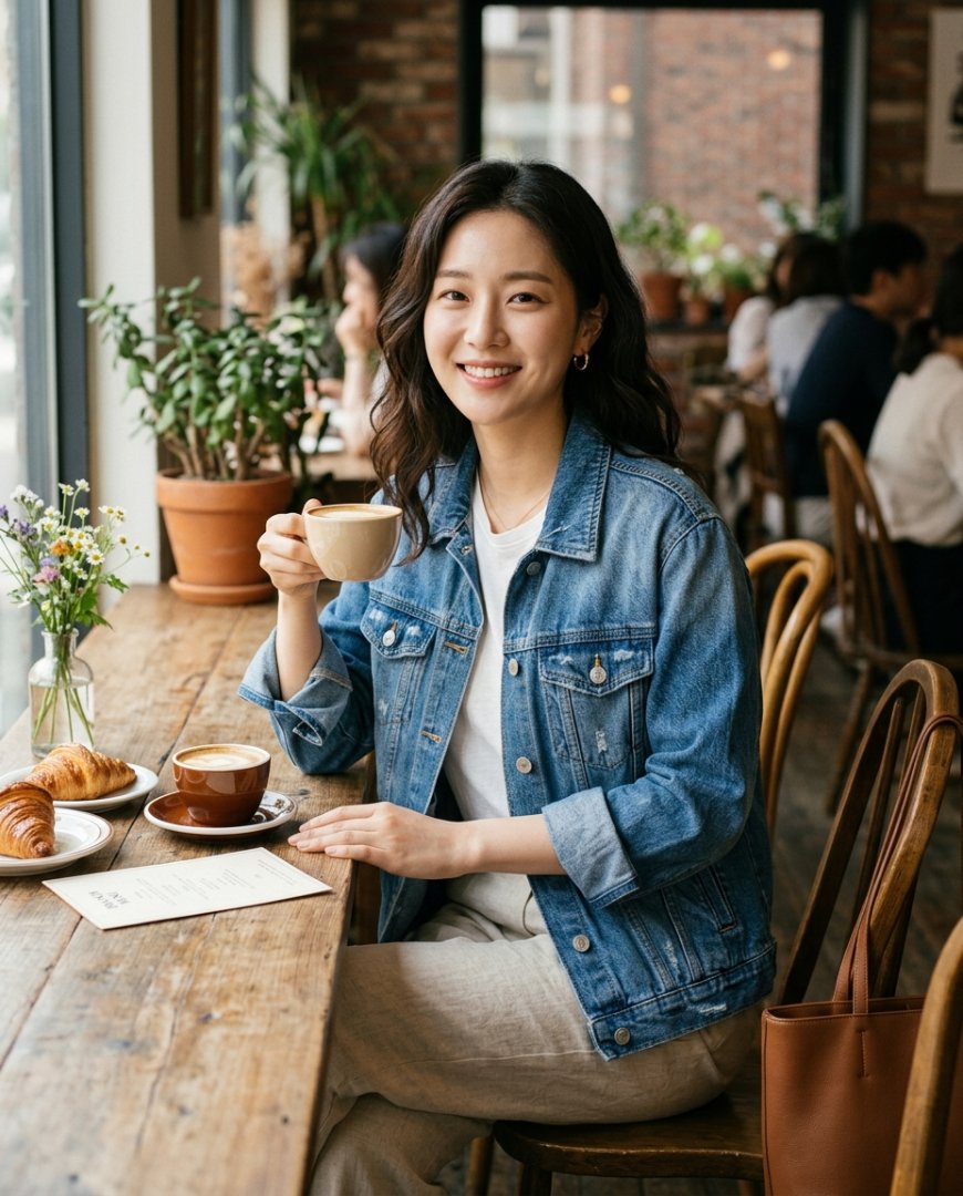 편안한 주말 브런치에 어울리는 캐주얼 스타일의 청자켓 모습입니다