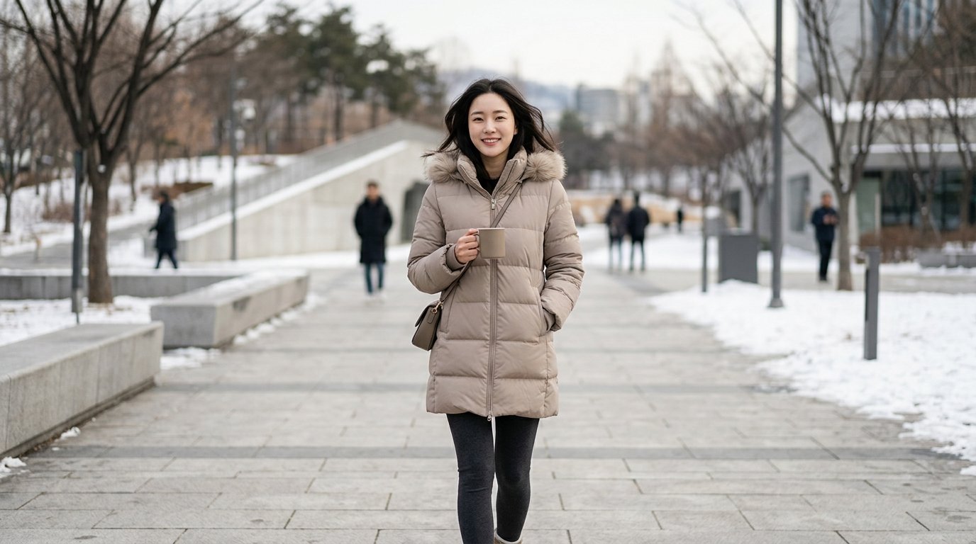 도시 풍경에서 다양한 스타일의 여성 다운점퍼를 입은 모델들