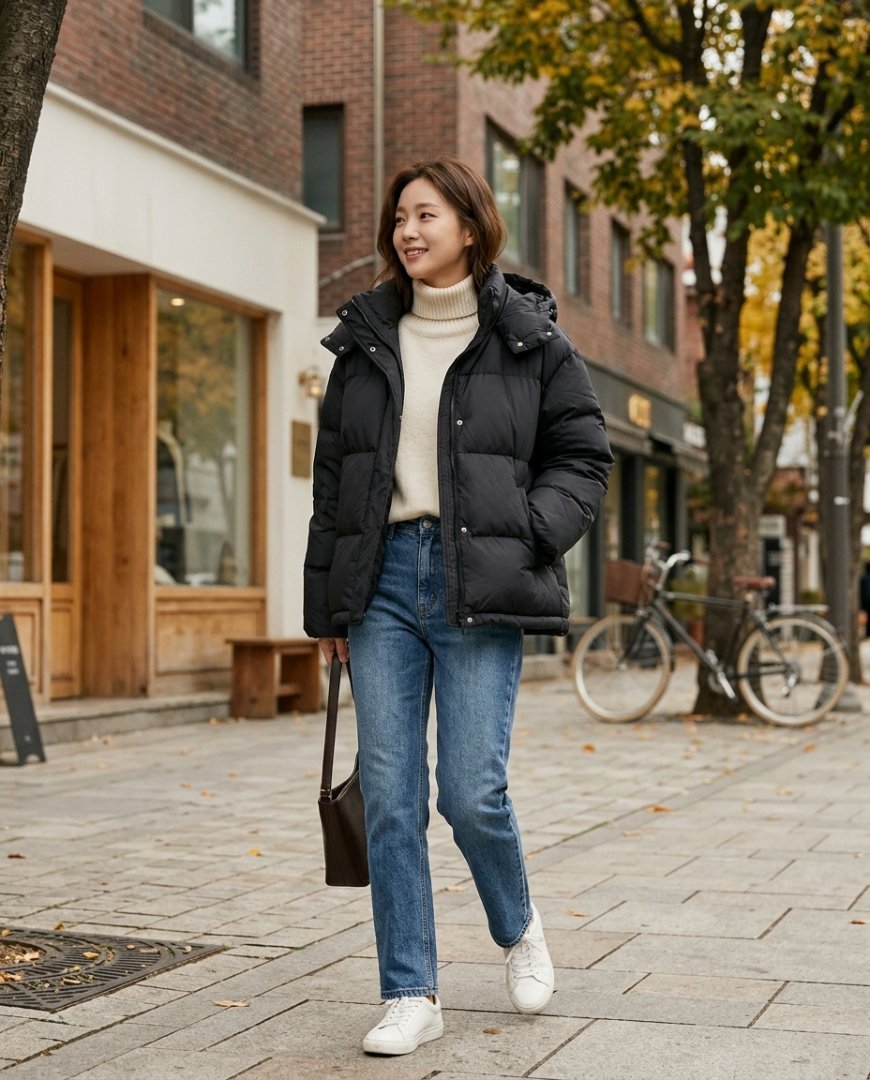 도시 거리에서 캐주얼하게 다운점퍼와 데님을 입은 여성