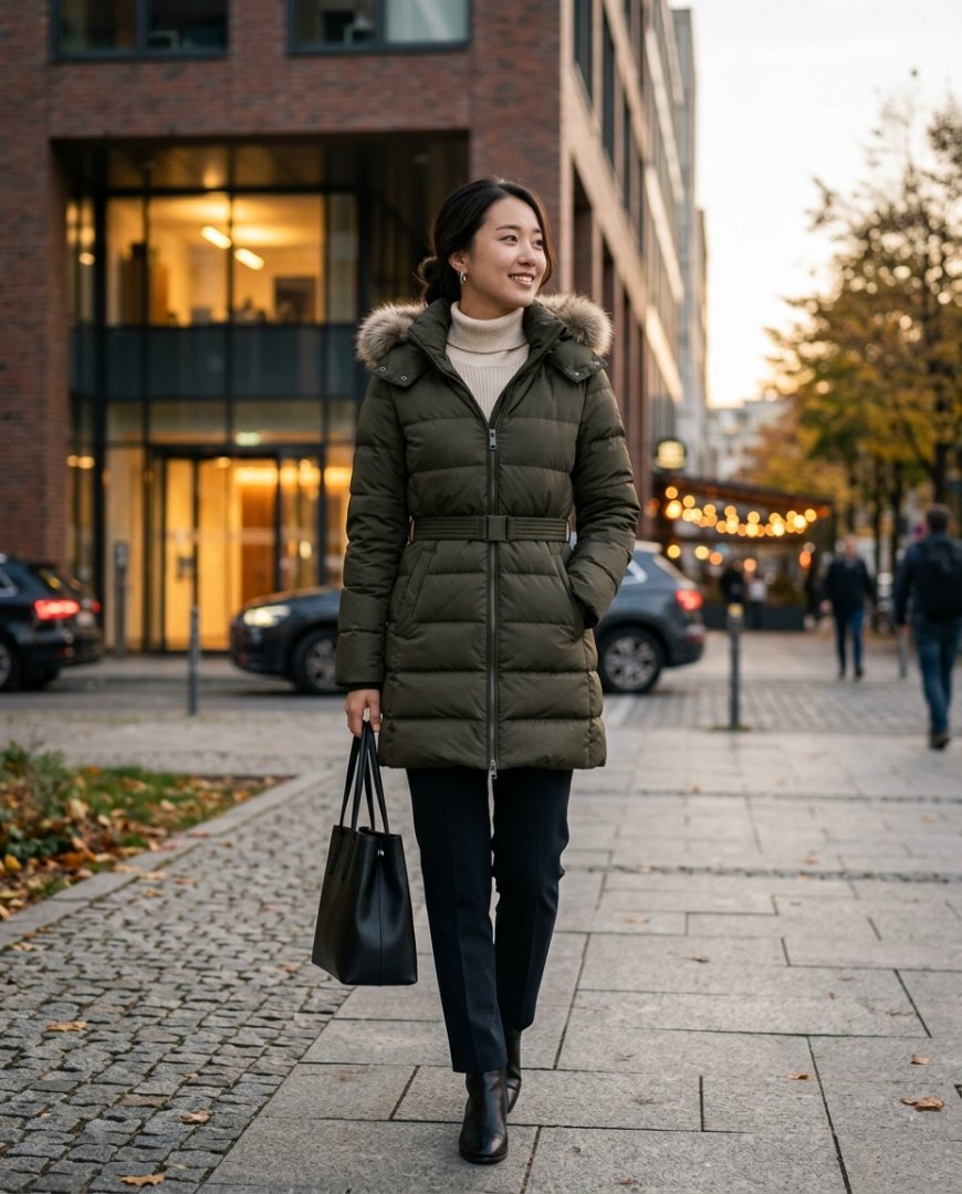 사무실에서 블랙 다운점퍼와 슬랙스를 입은 여성
