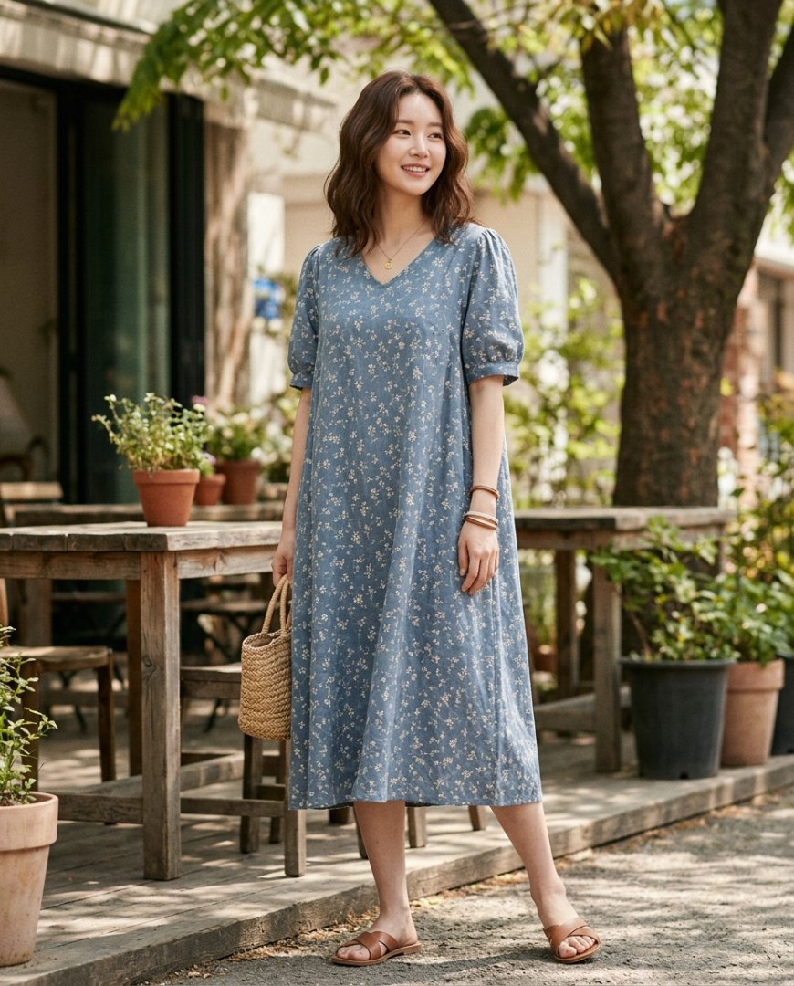 데님 원피스와 스니커즈로 편안한 주말을 보내는 여성