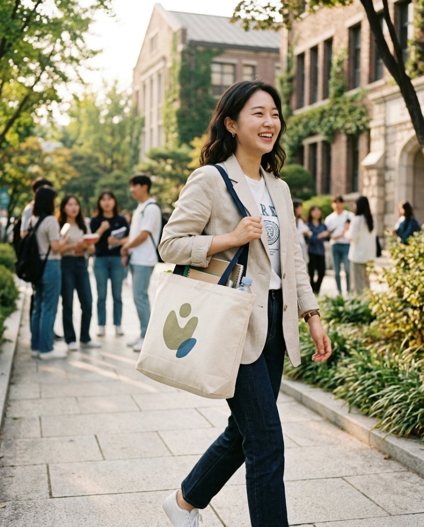대학교 도서관 앞에서 에코백을 들고 서 있는 학생