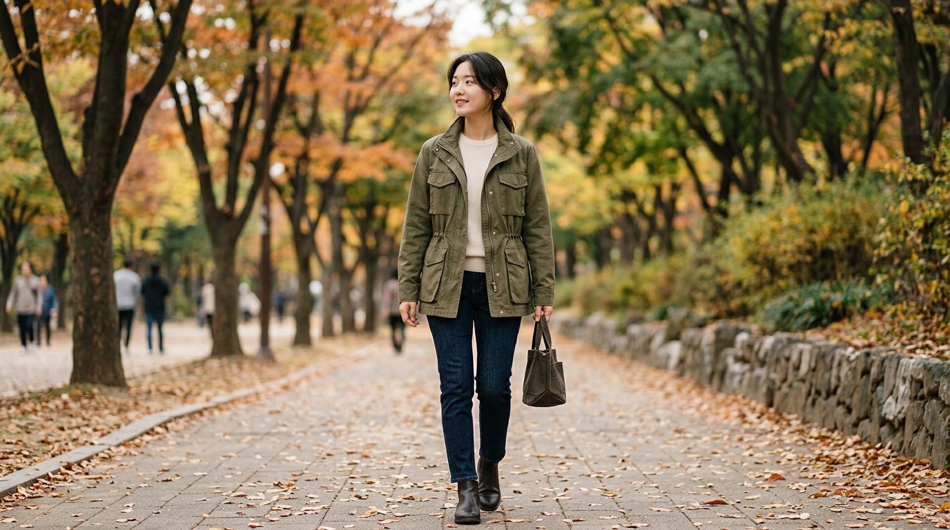 여성들이 야외에서 다양한 야상을 입고 있는 모습
