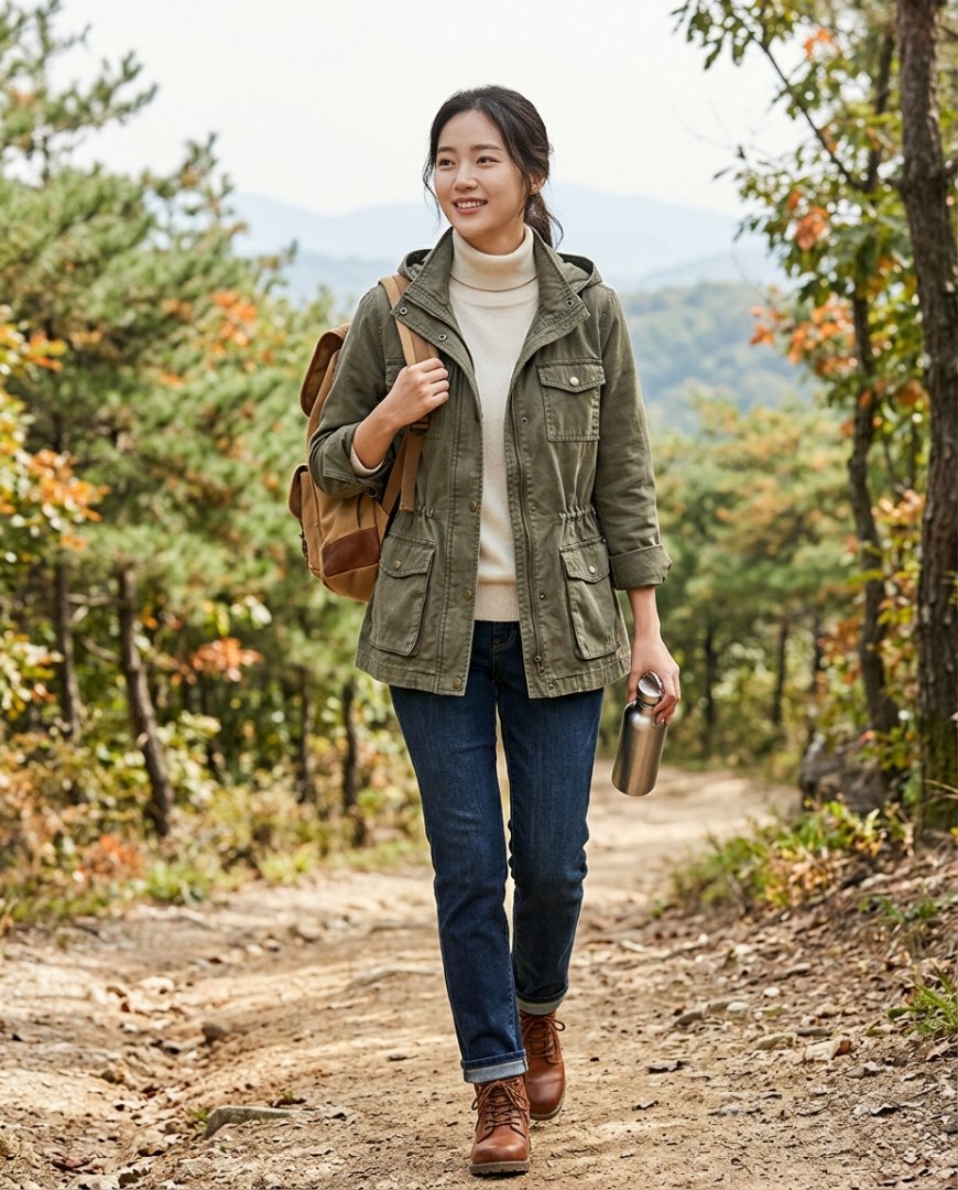 야외 모험에 알맞은 옷차림을 한 여성