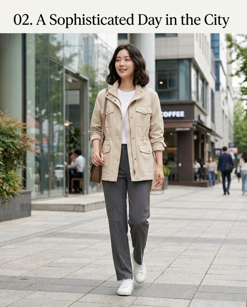 도시 거리에서 스타일리시한 야상을 입은 여성
