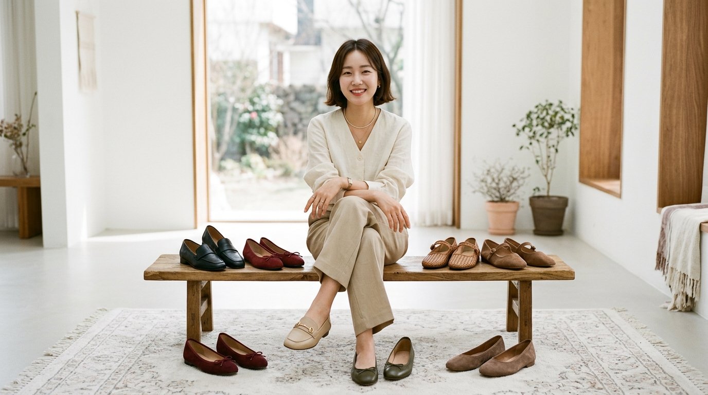서로 다른 디자인의 플랫슈즈가 선반에 진열되어 있는 모습
