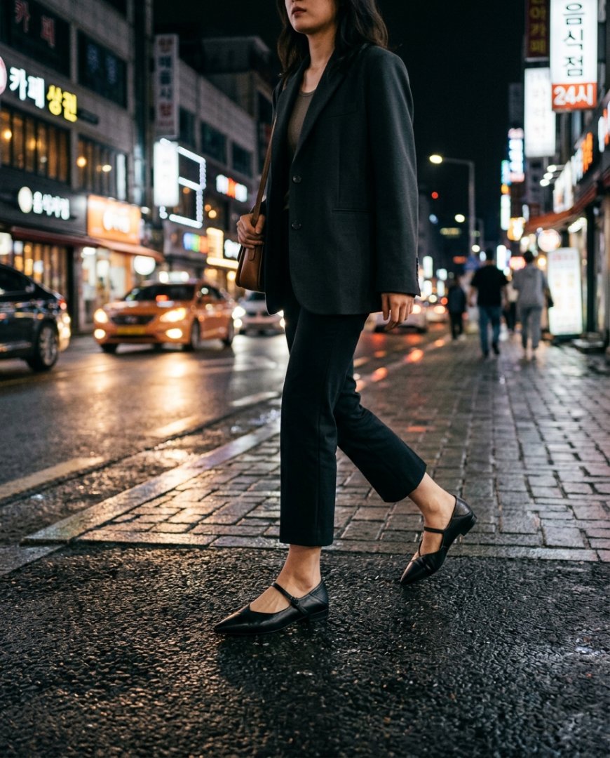 레드 플랫슈즈를 신은 인물이 도시 밤거리를 걷는 장면