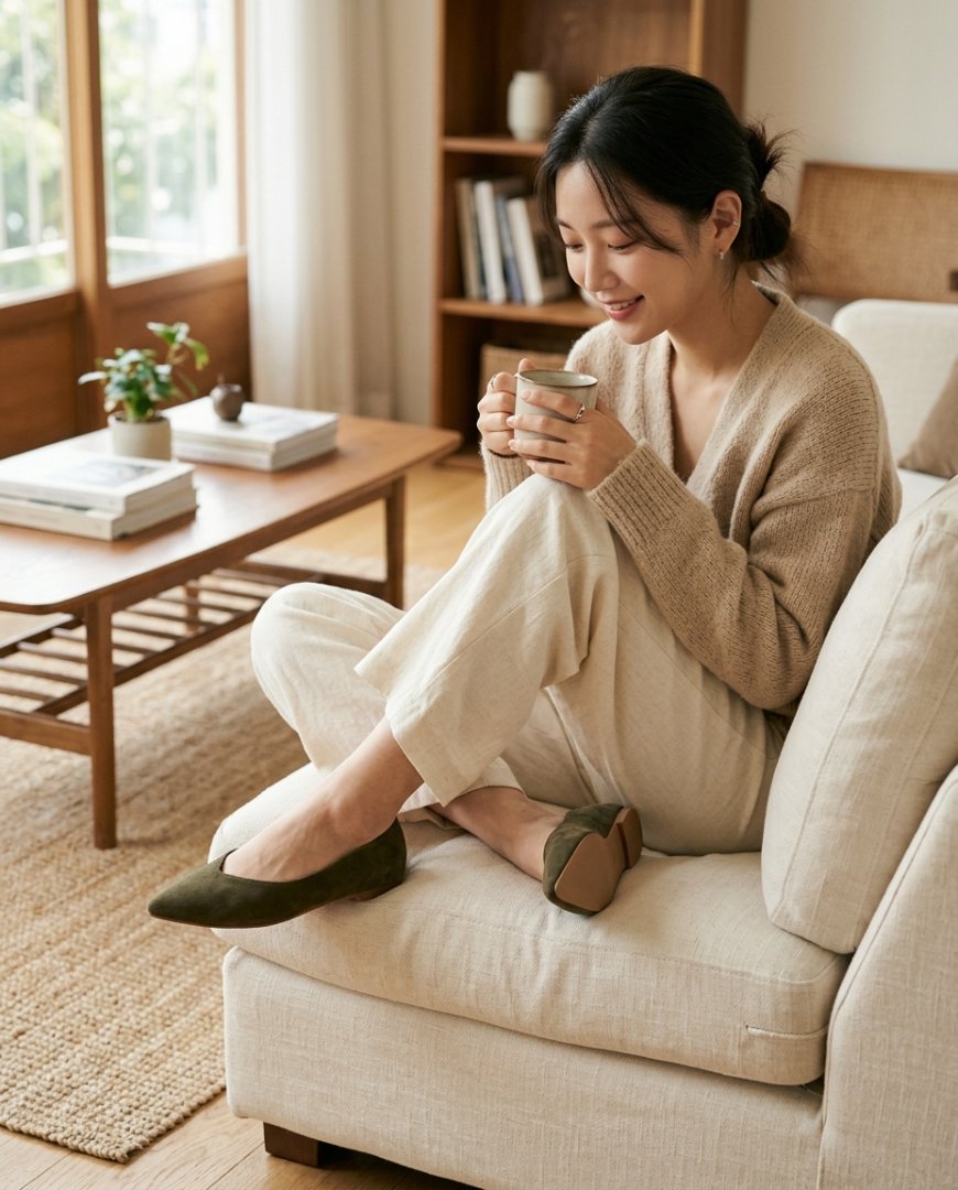 롱 드레스와 블랙 플랫슈즈가 라운지 체어 옆에 놓인 장면