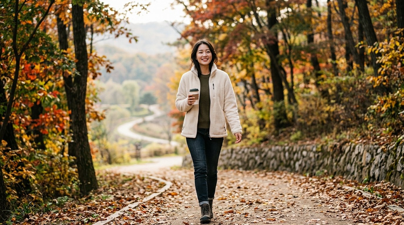 도심 공원에서 플리스자켓을 입고 다양한 활동을 하는 여성들