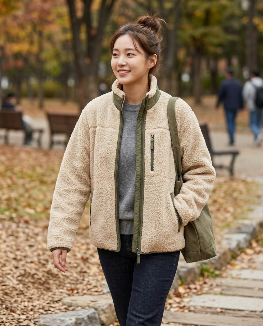 카페에서 캐주얼 플리스자켓을 입은 여성