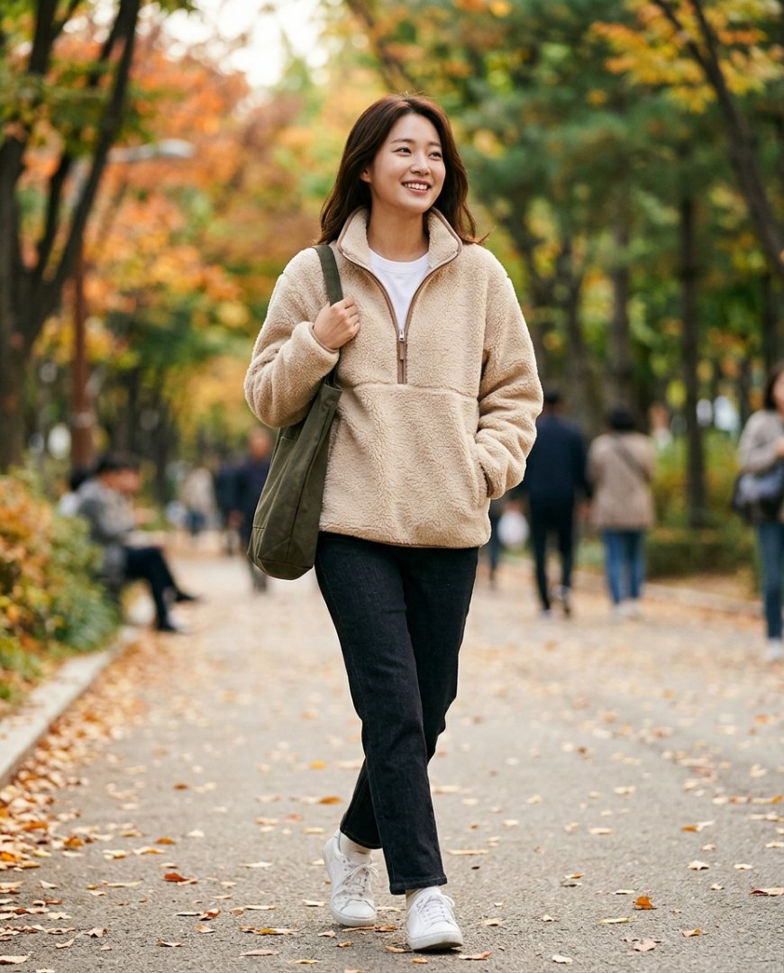 쇼핑몰에서 캐주얼하게 플리스자켓을 입은 여성