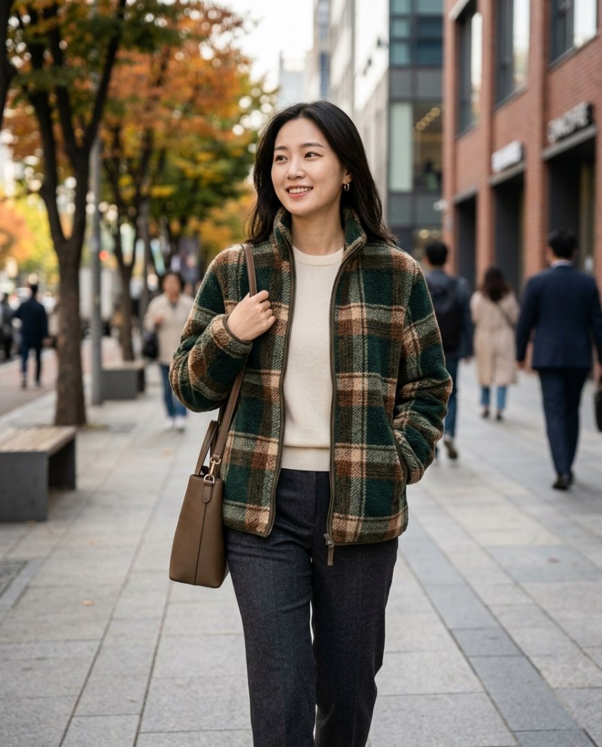 사무실에서 플리스자켓을 입고 로퍼를 신은 여성