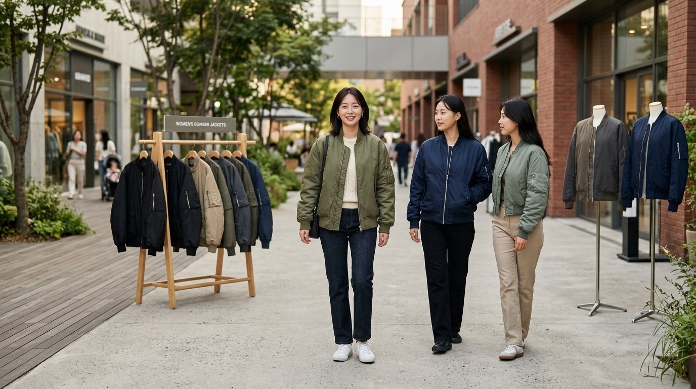 도시 배경에서 착용된 다양한 여성 항공점퍼.