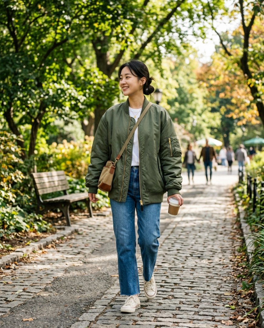공원에서 데님과 스니커즈를 매치한 여성 항공점퍼 착장.