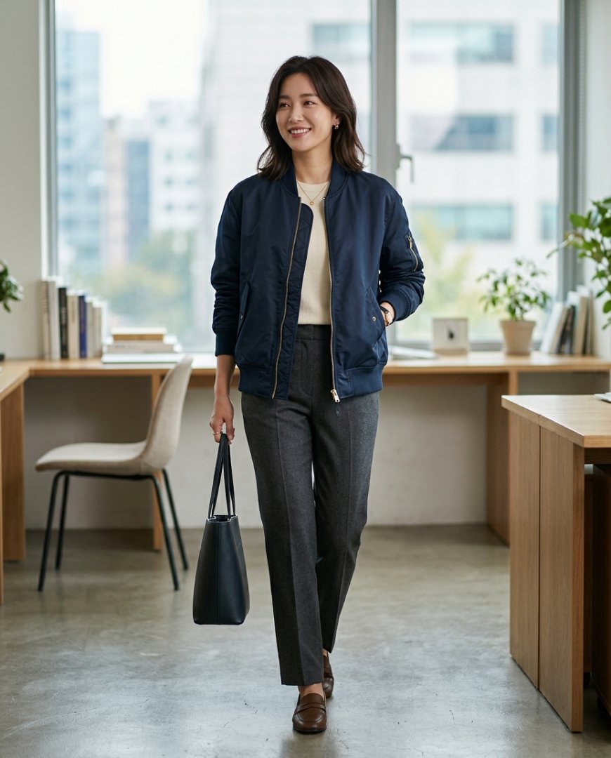 현대식 사무실에서 슬랙스와 항공점퍼를 착용한 여성.