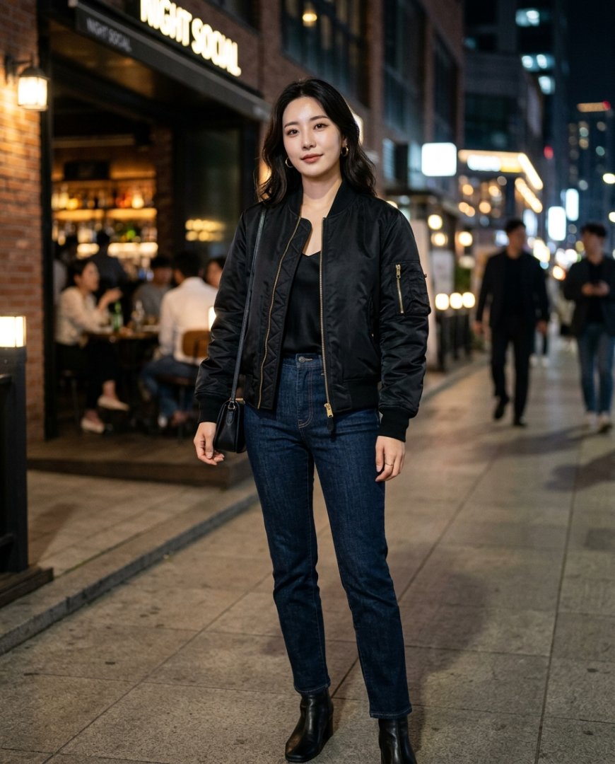 레스토랑에서 원피스와 항공점퍼를 매치한 여성.