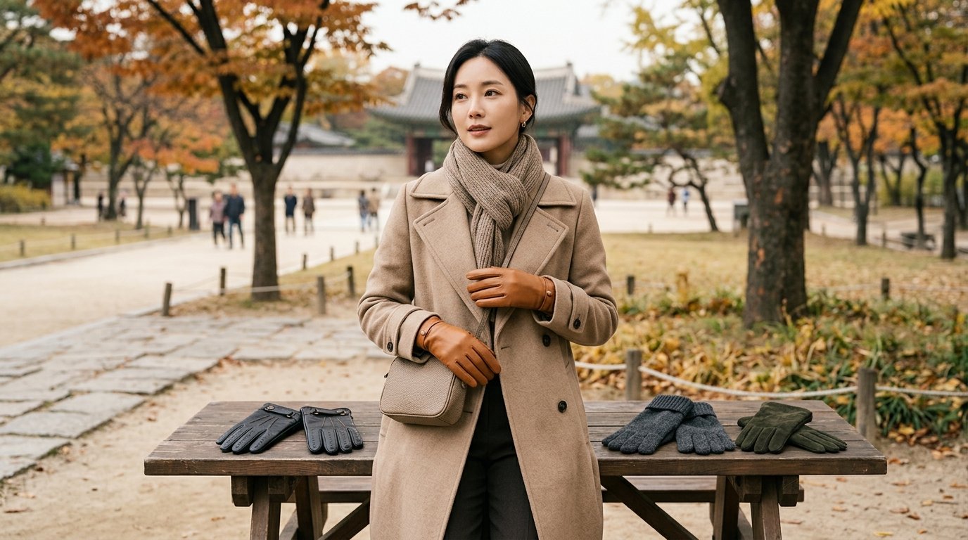 여러 색상의 여성 장갑이 나란히 놓여 있습니다.