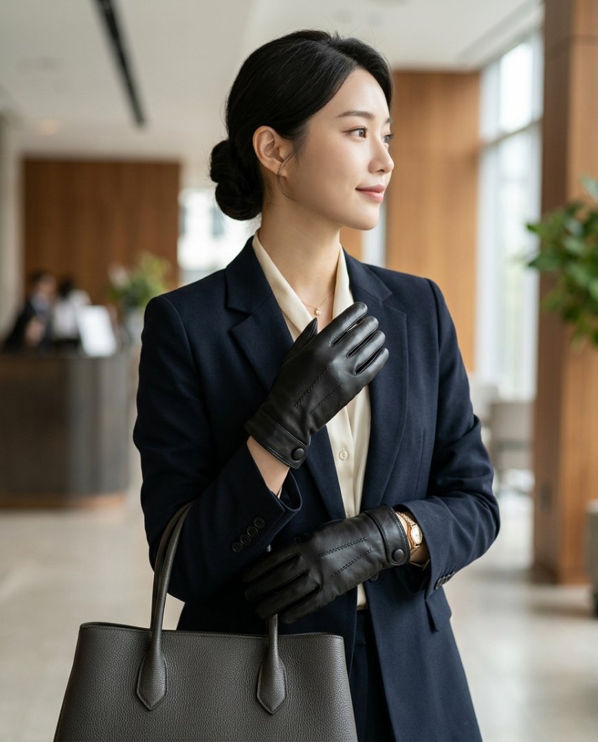 세련된 블랙 장갑과 정장 착용 모습.