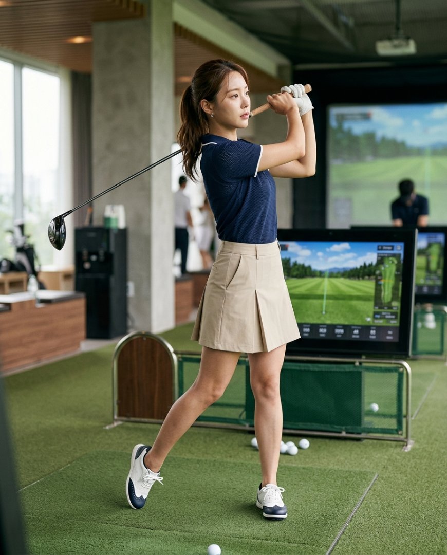 실내 연습장에서 골프 연습 중인 여성