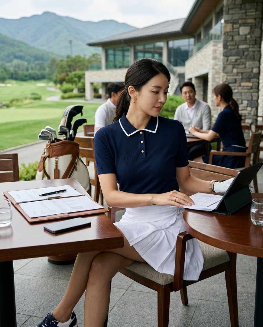 골프장 휴식 공간에서 미팅 준비 중인 여성