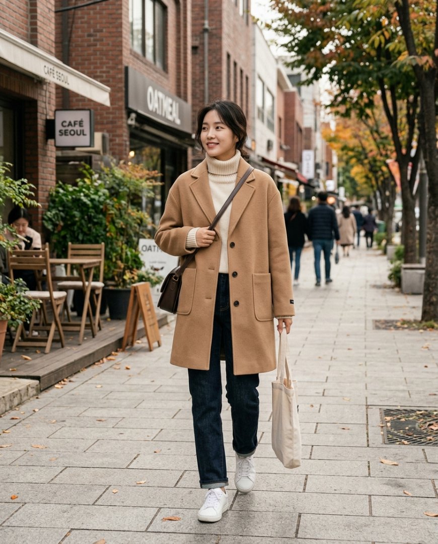 주말에 하프코트를 입고 거리를 걷는 여성의 모습