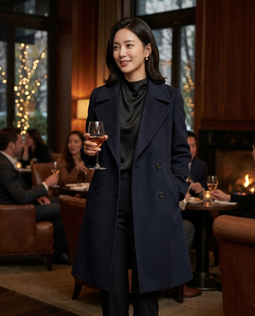 저녁 모임에 하프코트를 걸치고 레스토랑에 있는 여성