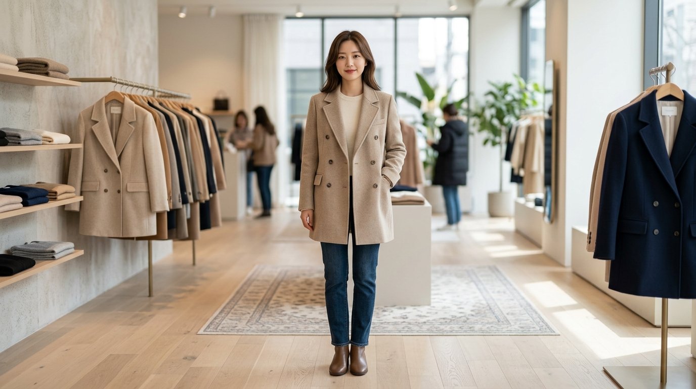 모델이 하프자켓을 입고 거리에서 걸어가고 있습니다.