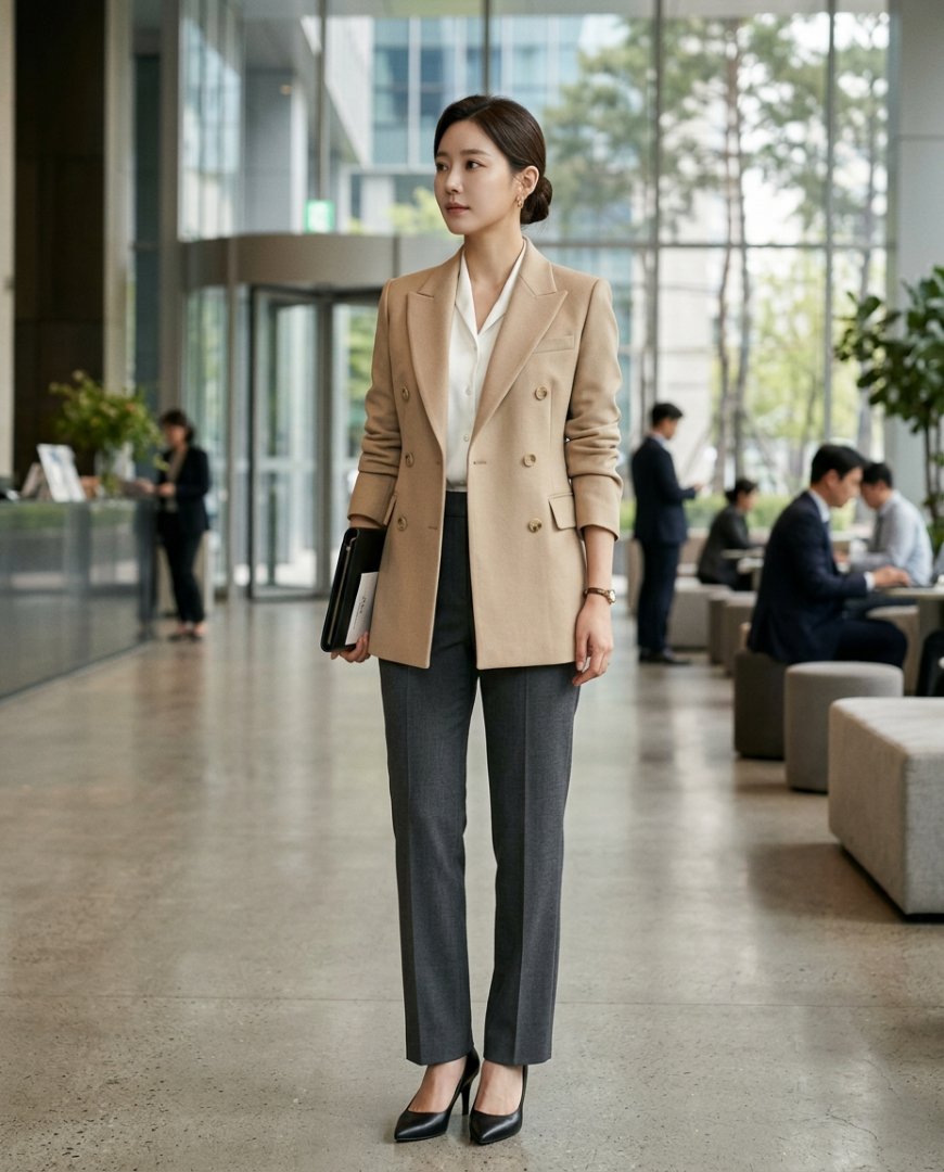 미팅 룸에서 하프자켓을 입은 여성이 회의에 집중하고 있습니다.