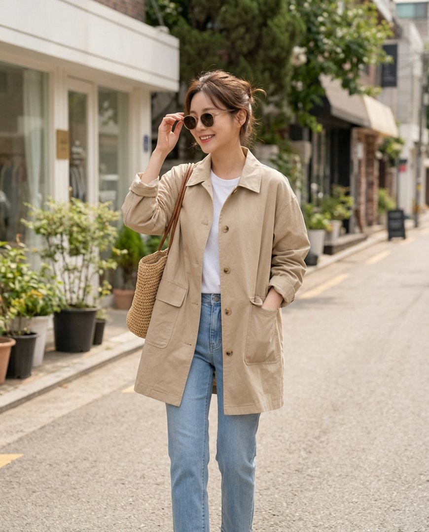 도심 공원에서 하프자켓을 입은 여성이 데님 팬츠와 스니커즈와 함께 산책하고 있습니다.