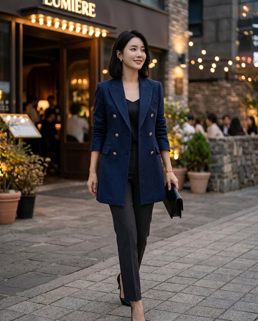 레스토랑 앞에서 블랙 하프자켓을 입고 서 있는 여성의 모습.