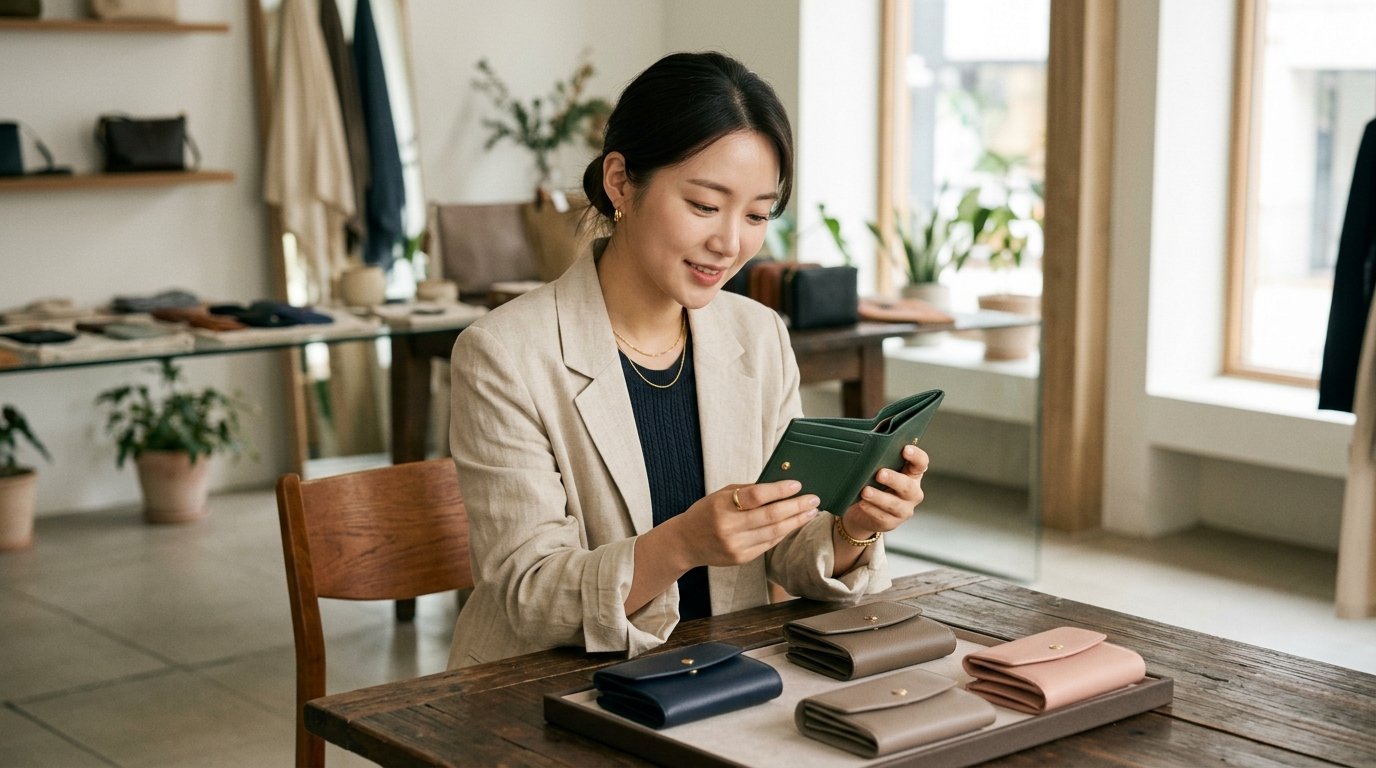 테이블 위에 다양한 색상의 가죽 반지갑 여러 개가 놓여 있습니다.
