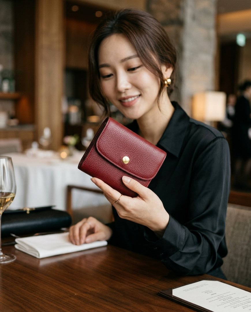 고급스러운 소가죽 반지갑이 대리석 위에 놓여 있습니다.